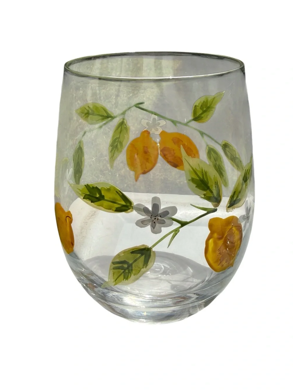 Pier 1 Hand Painted Lemon Stemless Wine Glasses Set 4 Citrus Floral Cottagecore